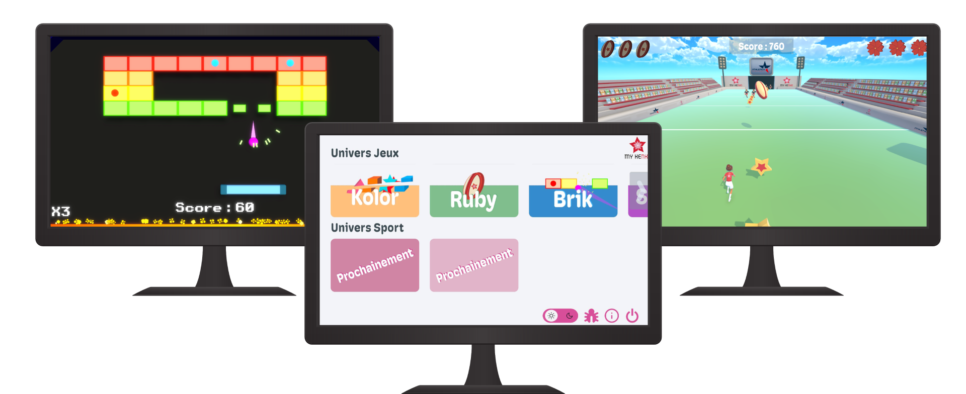 Trois écrans d'ordinateur qui montrent la plateforme de jeux vidéos de My Kenko.