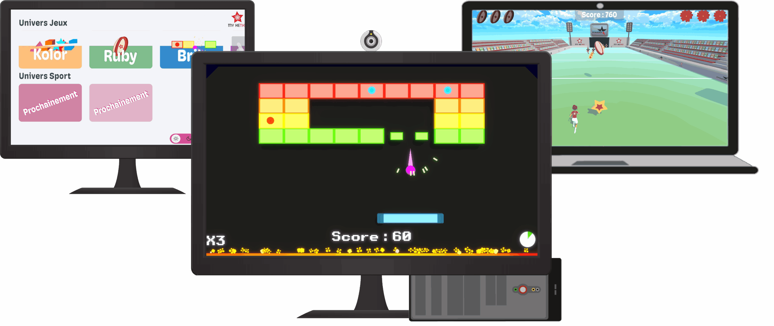 Trois écrans d'ordinateur qui montrent la plateforme de jeux vidéos de My Kenko.